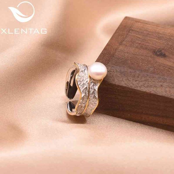 Xlentag 925 Sterling Silver Adjustable Ring with Natural Pearl, Japanese and Korean Inspired Design