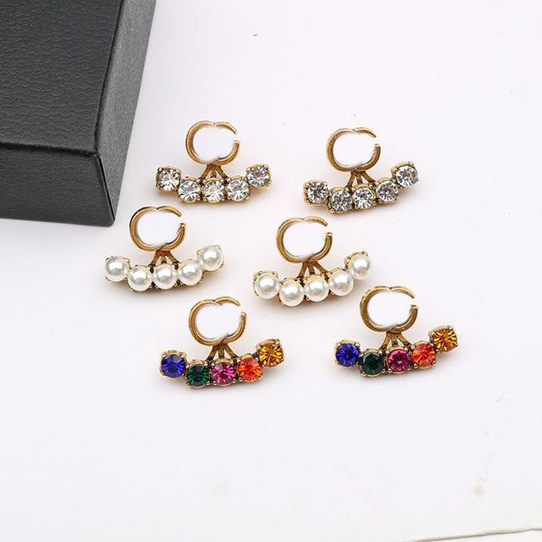 Shiny colorful diamond and pearl letter earrings for women, stylish designer brand charm studs with rhinestones in Korean fashion