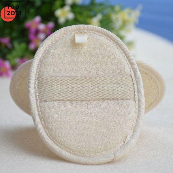 Soft exfoliating loofah sponge with strap for shower massage, body scrubbing, and spa bathing
