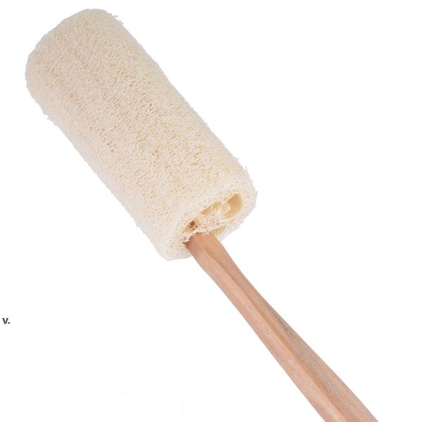Natural loofah bath brush featuring a long wooden handle for exfoliating dry skin during showers, ideal for spa-like body scrubbing and massage