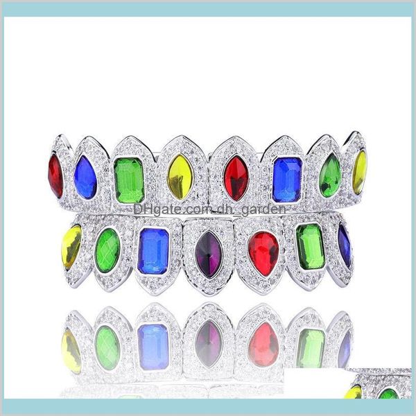 Colorful Shiny Teeth 18K Gold Plated Macro Pave Cz Iced Out Sets Top And Bottom Hip Hop Grillzs Style Pb29Q Grillz Dental Grills Odo0Z