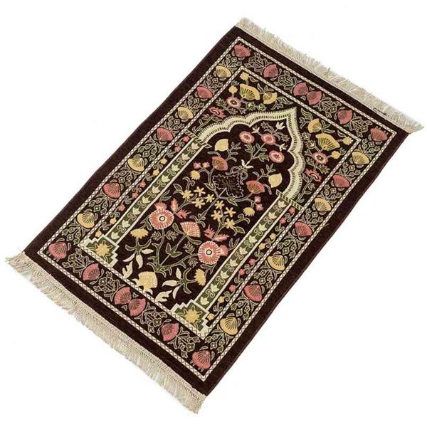 Portable thick Turkish Muslim prayer rug with vintage floral leaf design and woven tassels
