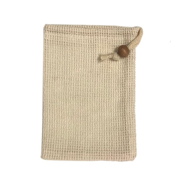 Ramie soap pouch for bubble baths, scrubber storage with drawstring closure