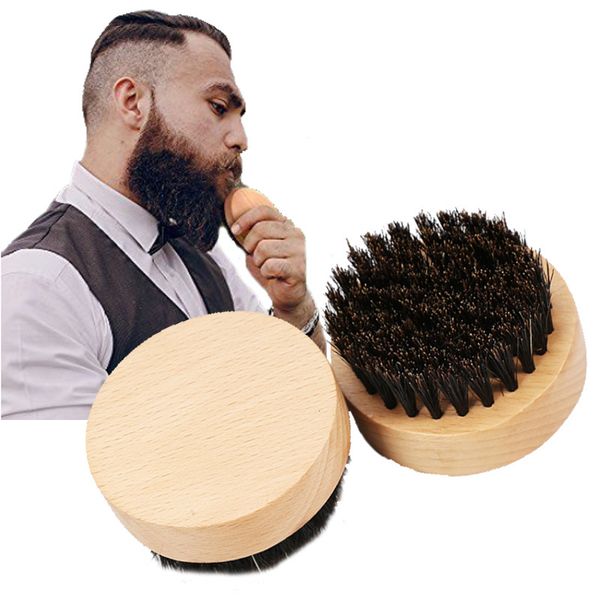 Men's facial hair brush with hard bristles, round wooden handle for beard and mustache care, includes face massage