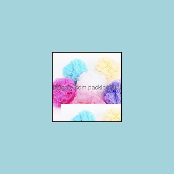 Bath brushes, sponges, and scrubbers for home bathroom use in various colors, including soft shower puffs and exfoliating body wash sponges