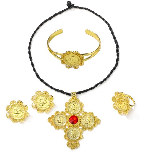 Gold GF jewelry featuring ruby coin cross pendants, earrings, rings, and bracelets in African Habesha Ethiopian/Eritrean and American diamond styles