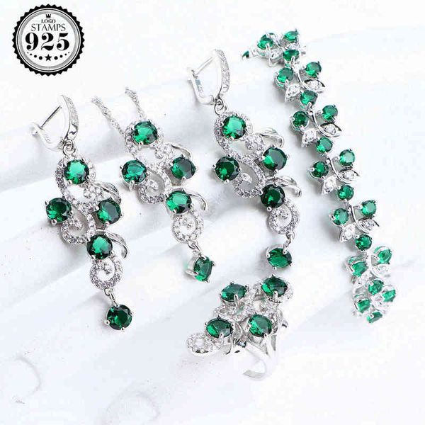 Wedding Luxury 925 Silver Bridal Jewelry Sets For Women Costume Jewelry Green CZ Bracelet Ring Earrings Necklace Pendants Set H220422

Elegant 925 silver bridal jewelry set featuring green CZ stone...