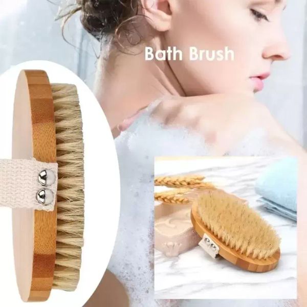 Natural boar bristle bamboo shower brush for organic dry skin exfoliation and wet back bathing