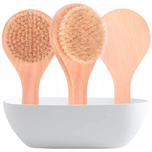 Short wooden-handled dry bath brush with natural bristles for anti-slip back scrubbing and shower exfoliation