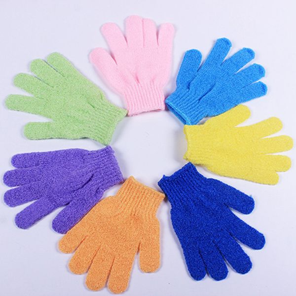 Exfoliating gloves for shower and bath, removing dead skin with candy-colored elastic five-finger design