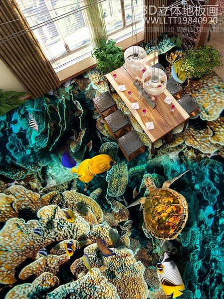 3D custom PVC self-adhesive floor wallpaper featuring turtle and coral designs for living room decor