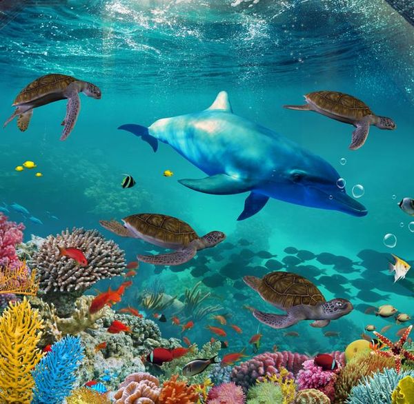 Customizable waterproof 3D floor mural featuring an underwater scene with turtles and dolphins, eco-friendly material
