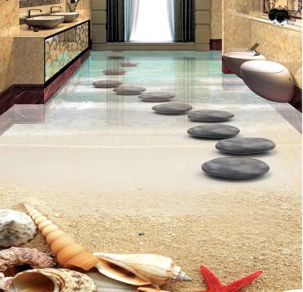 Custom 3D floor murals featuring beach-themed starfish, shells, and stones in self-adhesive wallpaper