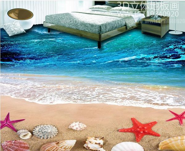 custom 3D flooring featuring sea waves and shells design for kitchens, available as PVC roll or vinyl landscape photo wallpaper