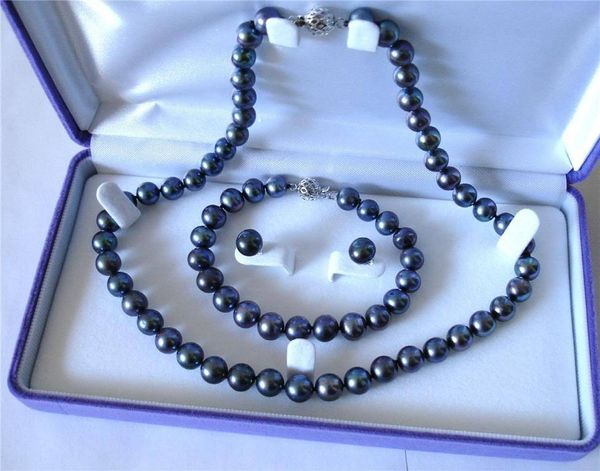 FREE SHIPPING for 8-9mm Natural Black Akoya Pearl Jewelry Set with Necklace, Bracelet, and Earrings