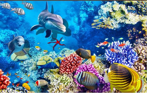 Custom self-adhesive 3D ocean-themed floor and wall murals featuring dolphins, coral and sea fish for living rooms