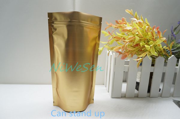 16x24cm, 100pcs/lote x stand up fosco fosco de alumÃ­nio dourado com zÃ­per com zÃ­per de zÃ­per-reutilizÃ¡vel zÃ­per em pÃ© de alumÃ­nio mylar diam