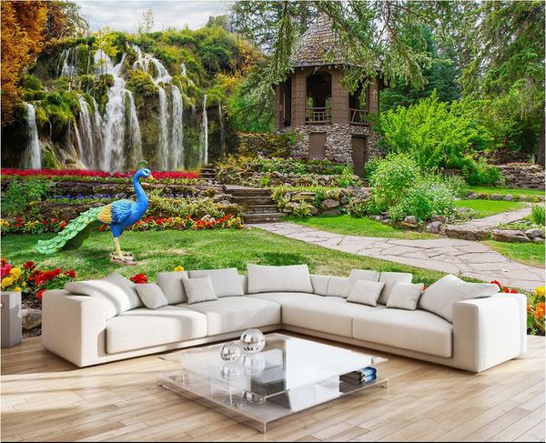 3D custom photo wallpaper featuring garden and waterfall landscapes, decorative painting-style murals for living room walls