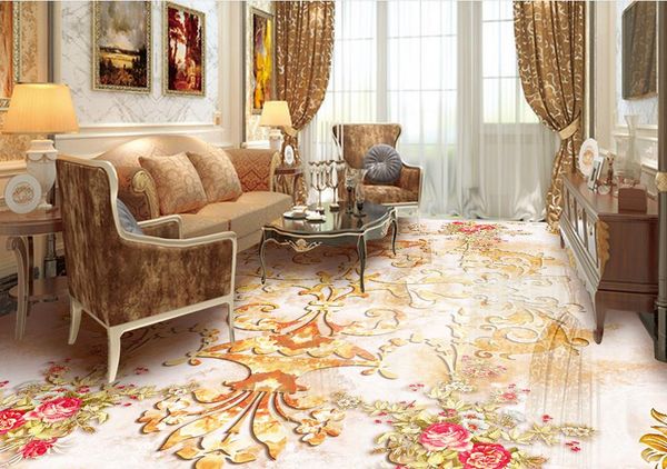 3D European-style retro floral marble wallpapers for living room, customizable self-adhesive 3D floor designs