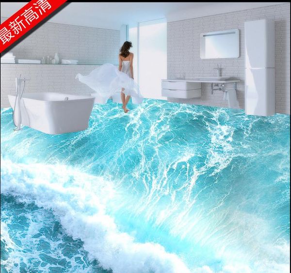 3D custom PVC self-adhesive beach wave murals for living room floors