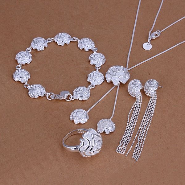 Elegant sterling silver plated jewelry set for women, featuring necklace, bracelet, earrings, and ring in fashionable 925 silver