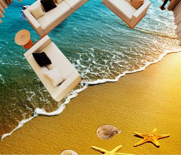 3D custom beach-themed wallpaper featuring starfish and dolphins, waterproof self-adhesive vinyl for bedroom floors