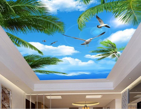 3D ocean-themed ceiling mural with sea coconut trees for modern living rooms
