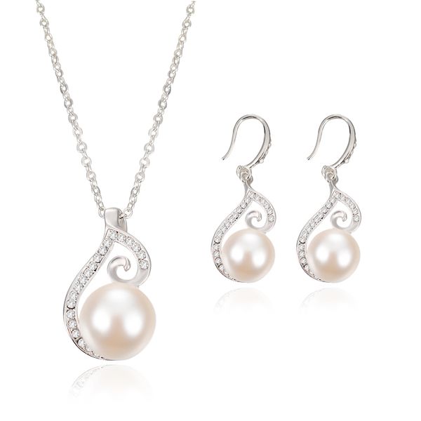 Hot New Fashion Pearl Crystal Rhinestone CZ Necklace Earrings Jewelry Sets Wedding party Accessories Silver Bridal Jewelry Set HJ144
