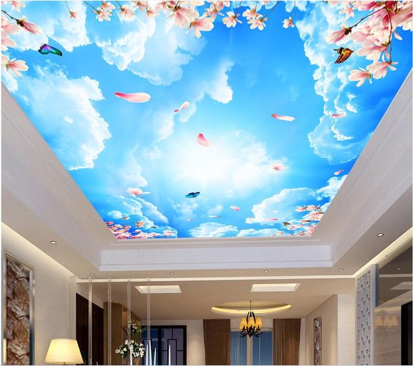 3D wall murals for ceilings and walls featuring custom cloud, peach blossom, and butterfly designs