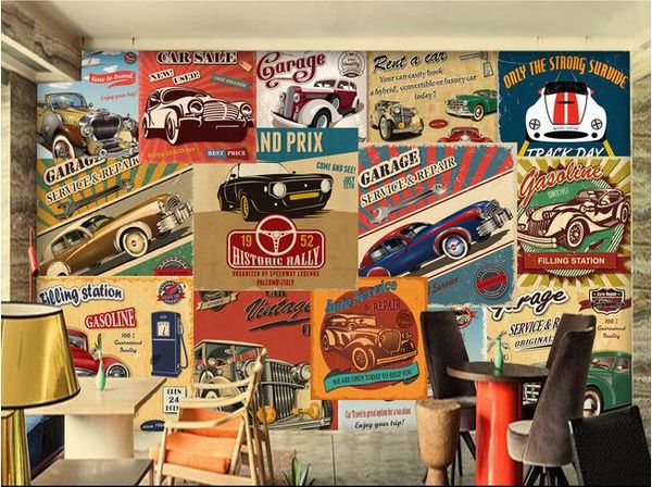 3D custom photo wallpaper featuring vintage car posters and scenic landscapes for living room wall decor