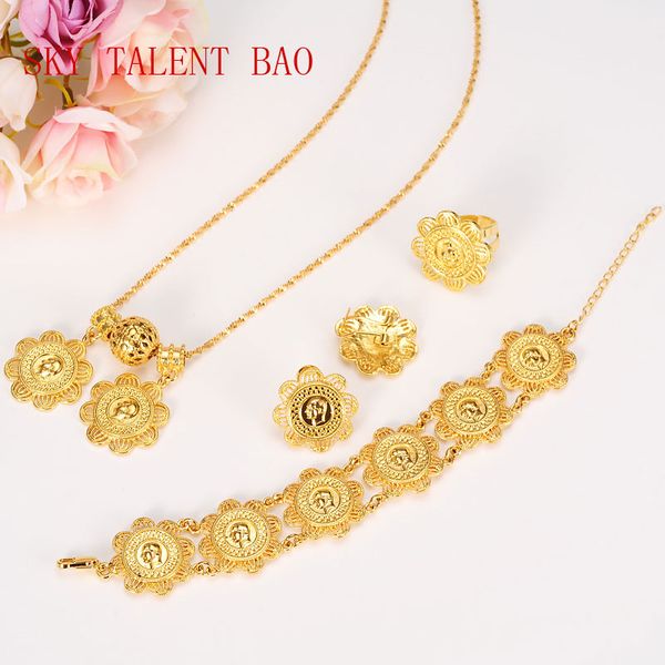 Ethiopian jewelry set featuring 14k solid gold pendant, necklace, earrings, ring, and bracelet for bridal and wedding occasions

14k yellow gold Ethiopian coin jewelry set with pendant, necklace, e...