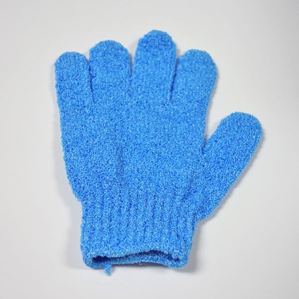 Exfoliating blue five-finger bath gloves for convenient, comfortable cleansing with free shipping