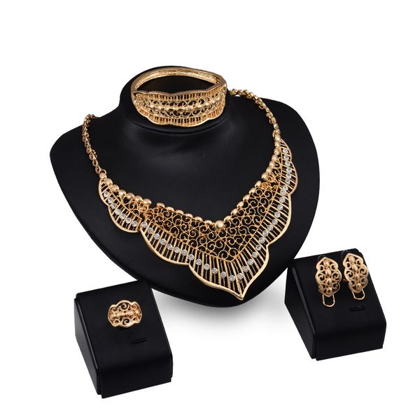 Dubai-inspired 18K gold pendant tassel necklace set with African diamond bridal jewelry (necklace, bracelet, earrings, ring)