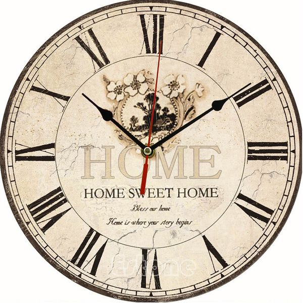Large vintage wooden wall clock with floral design for kitchen in antique shabby chic retro style