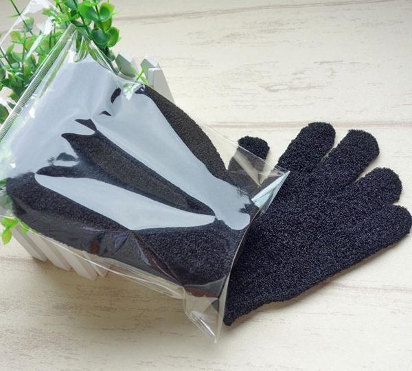 New black nylon shower gloves for exfoliating and body cleaning with five-finger design, ideal for bathroom use