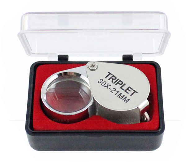 Compact 30x21mm magnifying loupe for jewelry and diamonds, portable silver magnifier with retail packaging
