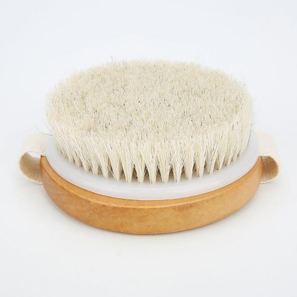Round natural horsehair body brush for dry skin, spa massage, and shower use, featuring a wooden handle (SN3404)