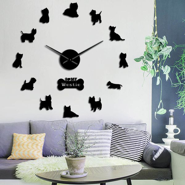 West Highland Terrier-themed 3D DIY wall clock with long hands and self-adhesive acrylic design featuring a cute puppy motif T200104