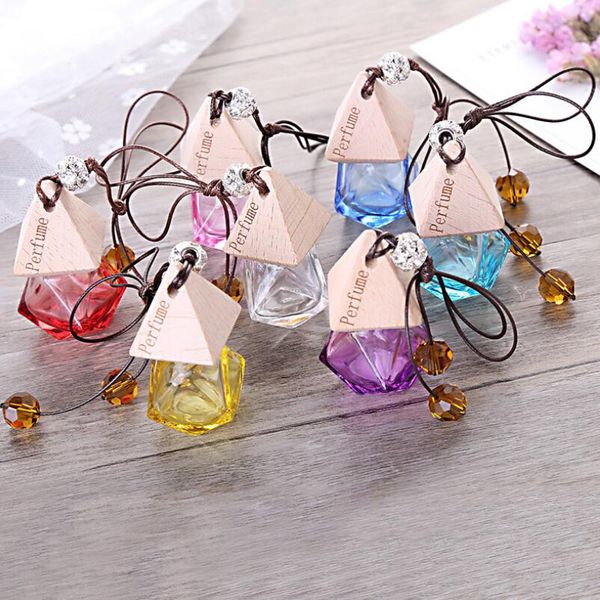 Wholesale glass car perfume bottles featuring wooden caps, refillable and cute hanging air fresheners perfect as small gifts