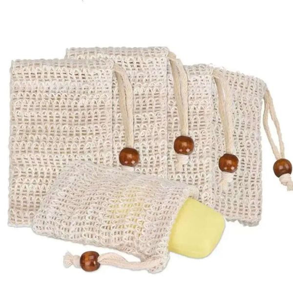 Natural exfoliating mesh soap saver pouch with sisal brush for shower foaming and drying