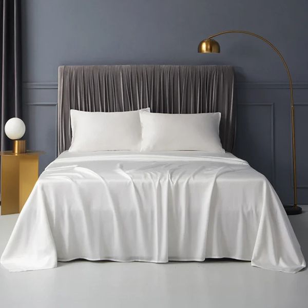 Silk-like cooling flat bed sheet set with 2 pillowcases for summer, offering a cool sleeping experience