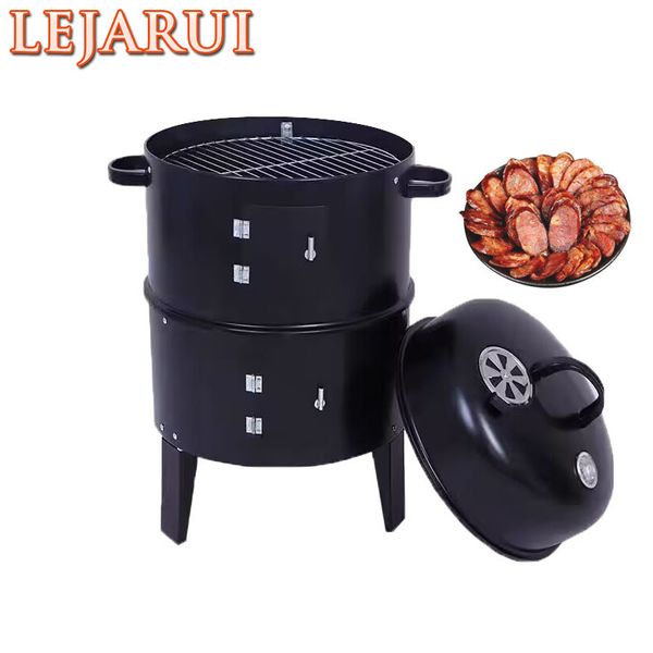 3-in-1 BBQ smoker for outdoor courtyard use, featuring a portable firewood stove and charcoal grill