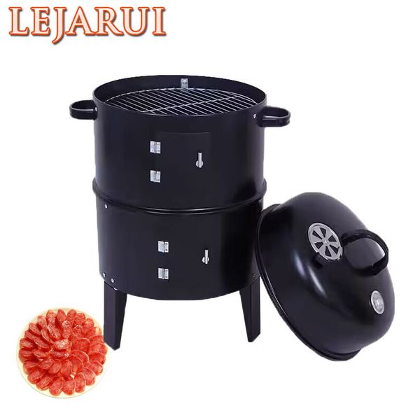 Portable 3-in-1 double-deck charcoal BBQ smoker for outdoor cooking and camping