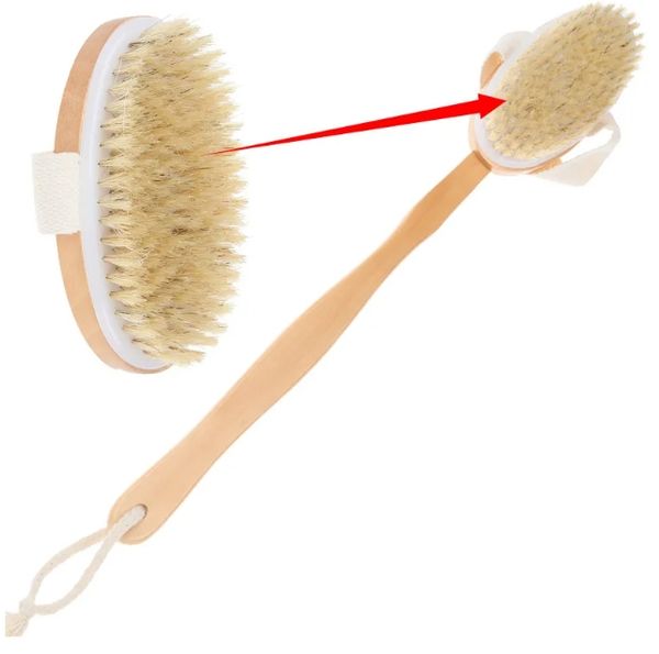 Natural bristle wooden body brush with long handle for shower and spa back scrubbing, 7x42cm