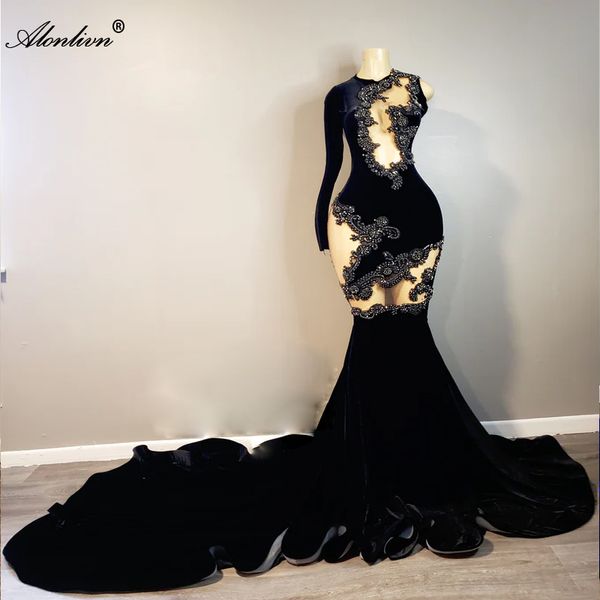 beauty women black trumpet flormal prom dresses one shoulder luxury lace beadings rhinecrystals and pearls velvet mermaid hollow ladies prom