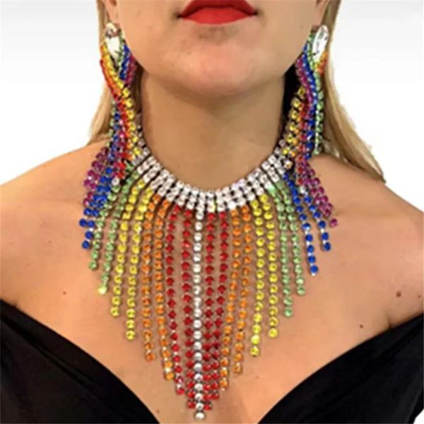 Elegant oversized crystal rainbow tassel necklace set with matching earrings for women's weddings