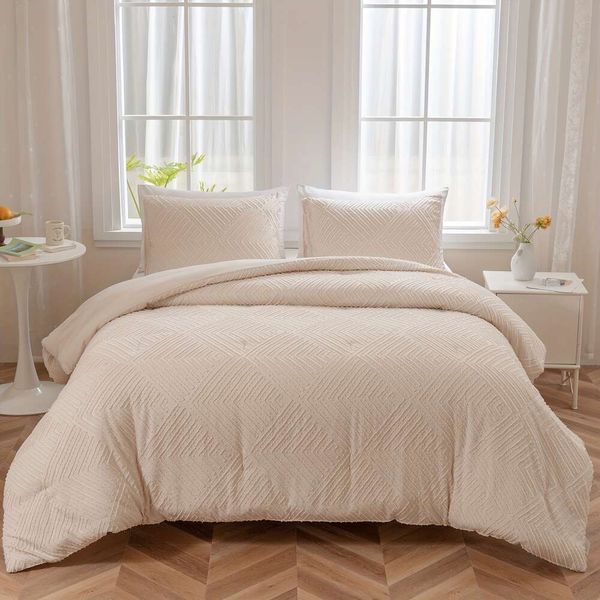 Duvet Cover LAVACHEY Tufted Beige Set, Boho Bedding Comforter Sets Extra Fluffy, Ideal for All Seasons 3 Pieces