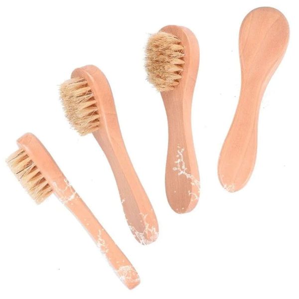 Wooden-handled facial brush with natural bristles for gentle exfoliation and dry brushing