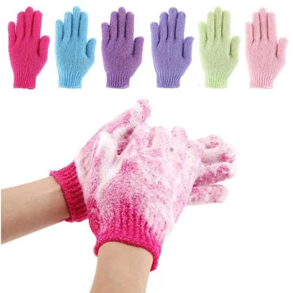 Double-sided exfoliating glove mitts for shower and bath, removing dead skin cells while massaging and moisturizing the body