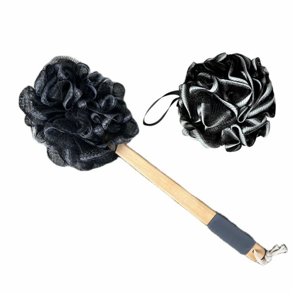 Black Bamboo Bath Loofah Sponge Body Scrubber with Long Wooden Handle and Mesh Foaming Ball for Skin Cleansing